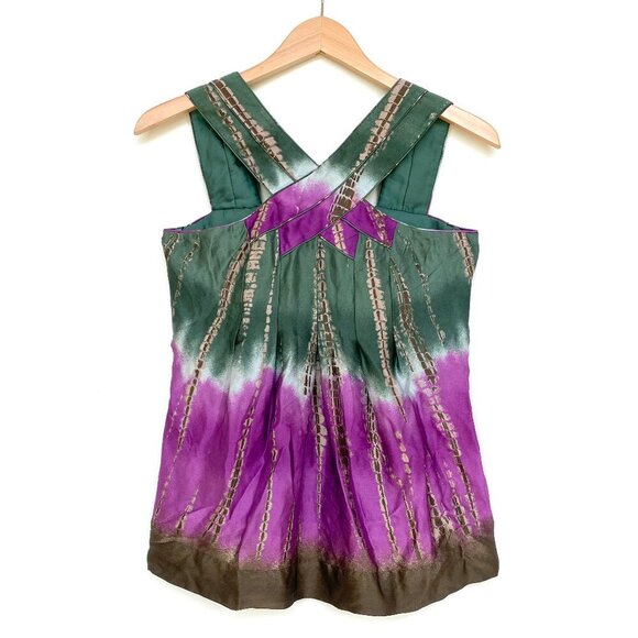 BCBG Max Azria 100% Silk Sleeveless Top Womens S Green Purple Brown Tie Dye Boho - Picture 1 of 16
